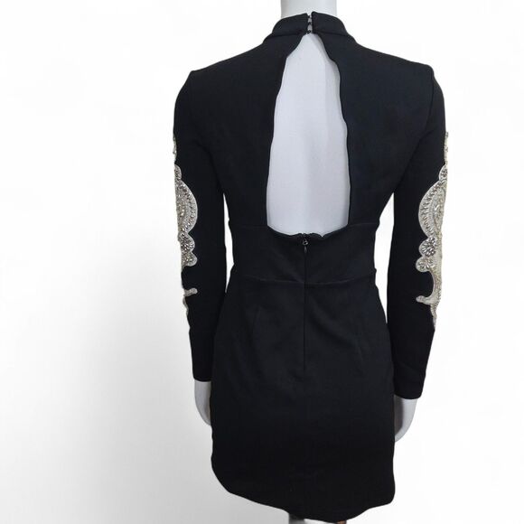 Bebe Vtg Y2K Black Mini Dress S Plunge Neck Sheer Sleeve Rhinestones Open Back - Picture 7 of 14
